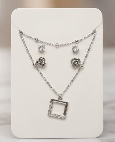 Silver Square Pendant with Matching Earrings
