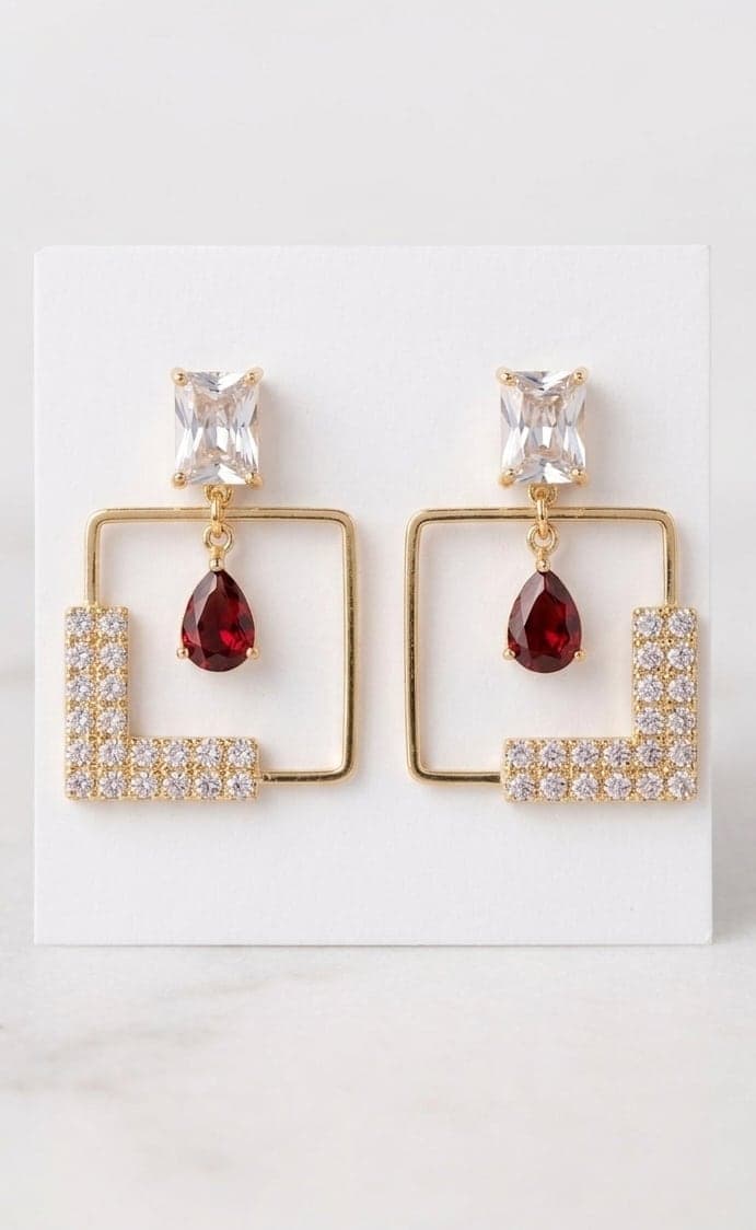 Gold Square Frame with Red Crystal Pendant