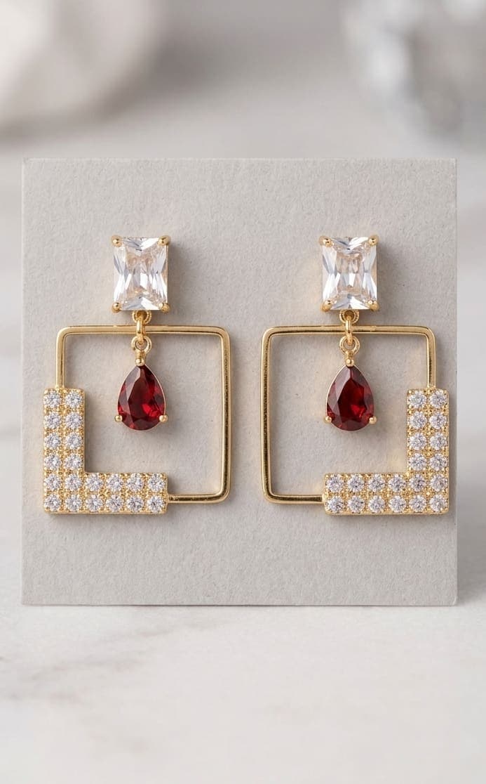 Gold Square Frame with Red Crystal Pendant